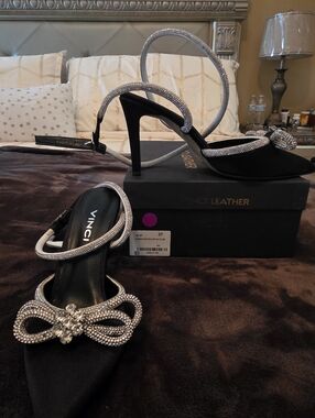 Vinci Black Satin Rhinestone Bow Stiletto Heels